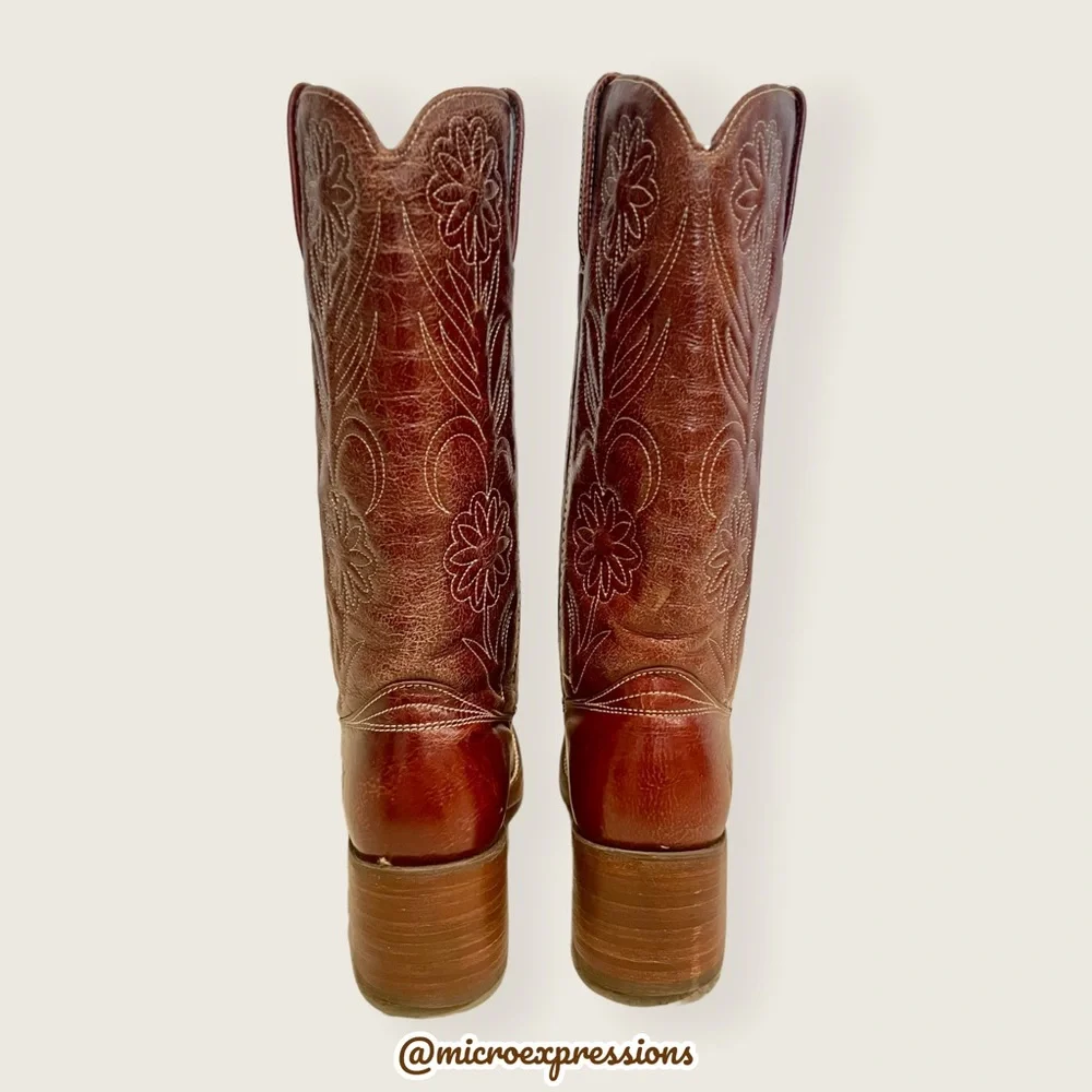 RARE 1960s Frye Vintage Embroider Brown Campus Western Cowboy Floral Stitch Boot